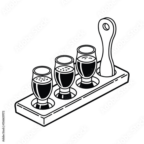 Three dark liquid filled glasses on wooden tray with handle drink beverage