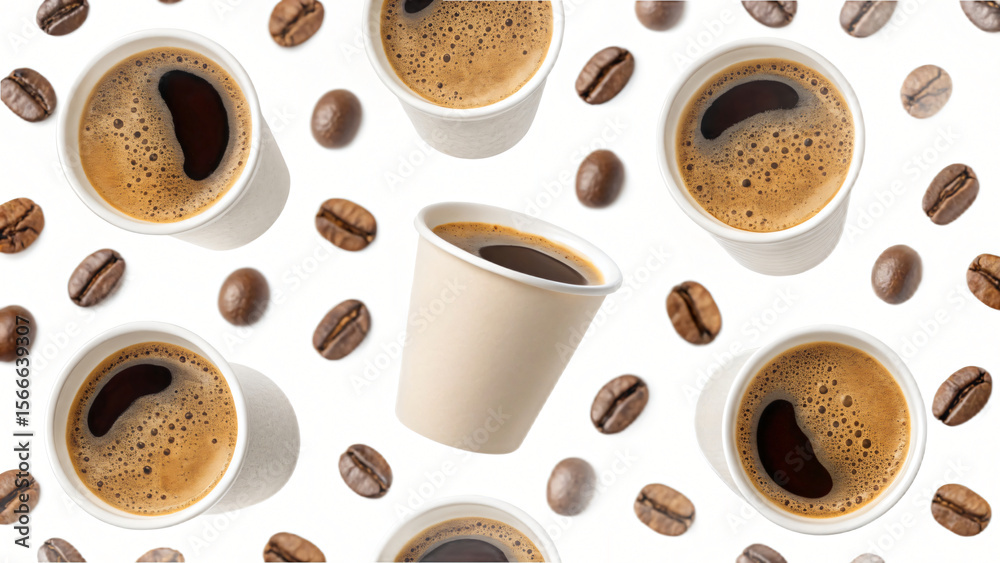 Obraz premium pattern with roasted brown coffee beans and hot espresso cups perfect for a morning break