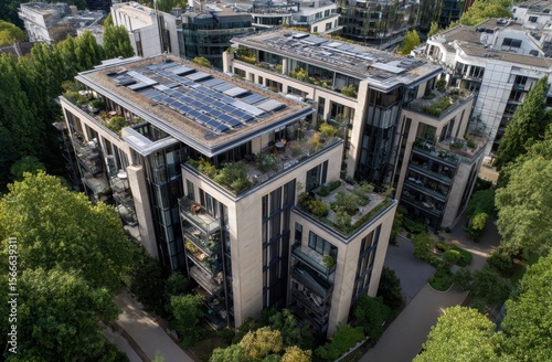Modern urban apartments with green roofs and solar panels offer sustainable city living.