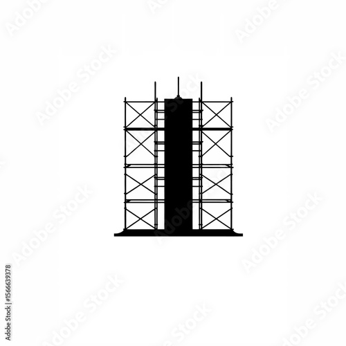 A detailed design of scaffolding around a tall building silhouette on white background