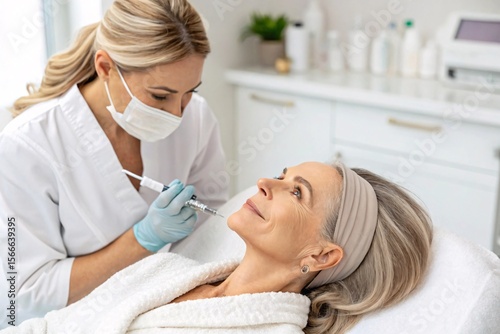Aesthetician injecting skin booster into mature woman's forehead in sterile spa.

