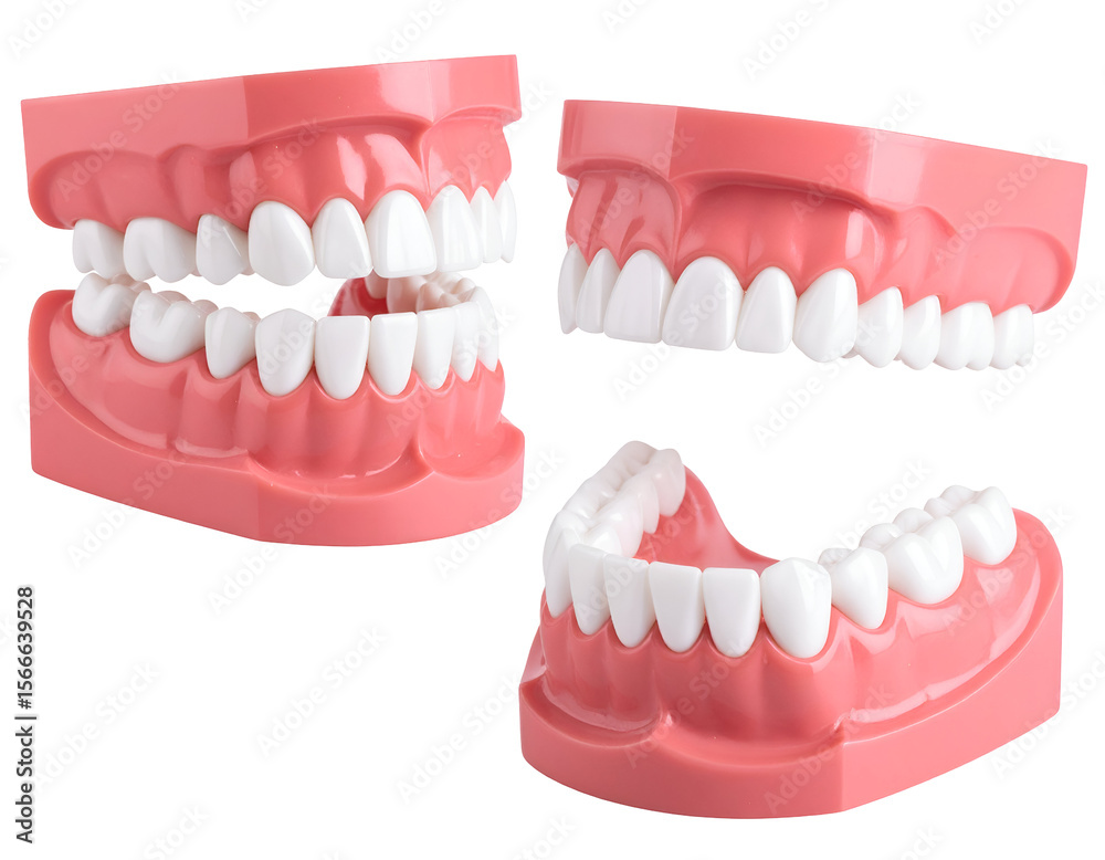 Obraz premium Three detailed anatomical models showcase healthy human teeth and gums for dentistry education and study