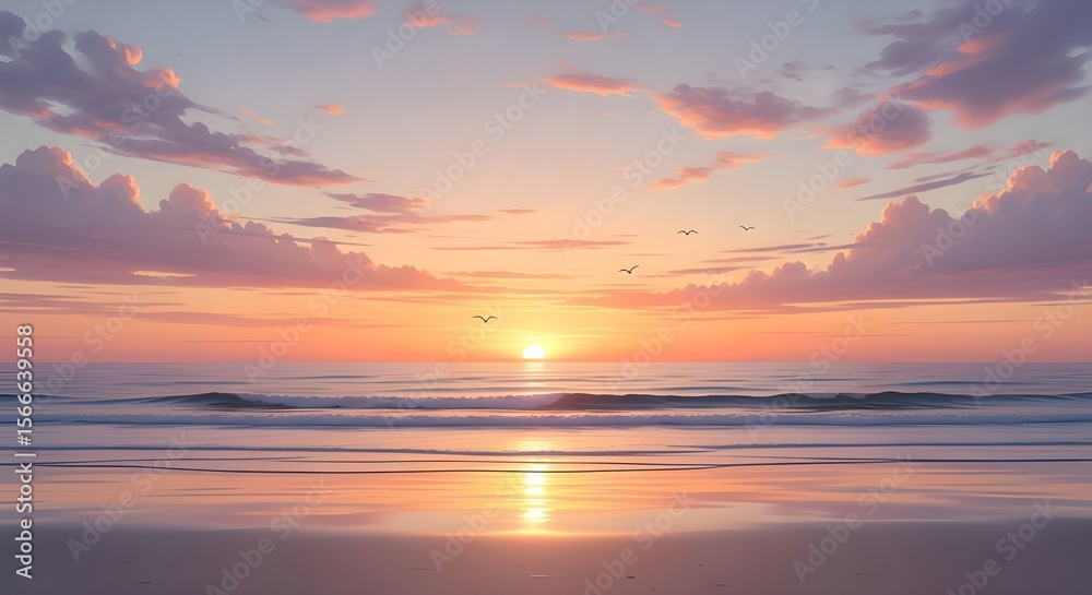 Fototapeta premium Gentle Pastel Sunset Above a Tranquil Ocean Shore