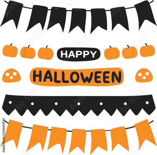 happy Halloween text and banner design and elements design  or ribbon set vector and illustration