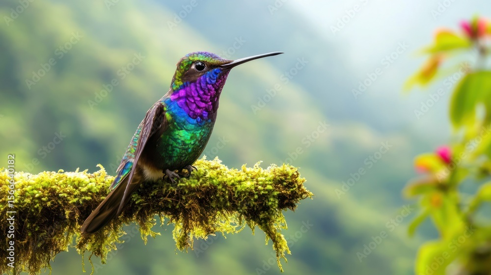 Fototapeta premium Hummingbird perches on mossy branch, surrounded by green foliage & misty mountain backdrop