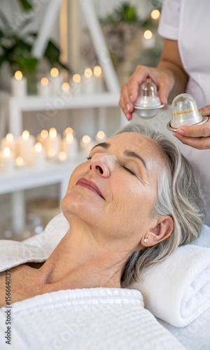 woman having a massage, Facial cupping treatment being performed on a mature woman in elegant white spa.
