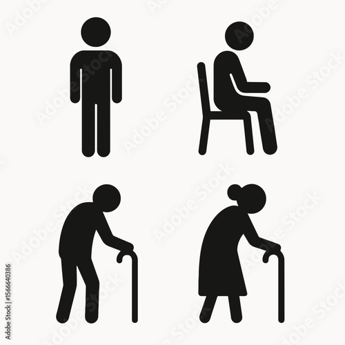 very simple flat and single minimalist Stick Figures & Elderly Silhouettes in black on a white background