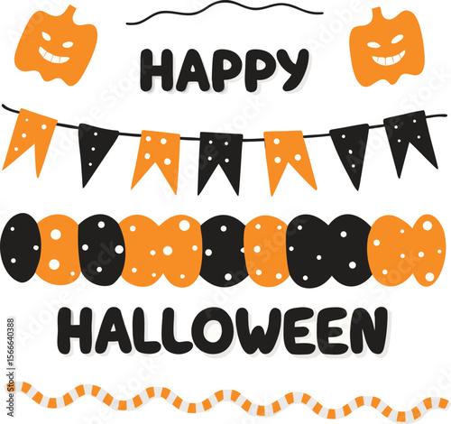 happy Halloween text and banner design and elements design  or ribbon set vector and illustration