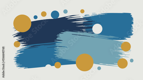 Abstract art featuring blue brush strokes and various sized circles on a white background space art