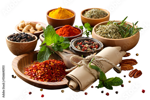 Aromatic Spice Harmony: Assorted Bowls of Dried Herbs, Chili Peppers, Ground Spices, Bay Leaves, Cinnamon, and Nutmegs with Mortar, Pestle, and Fresh Herbs