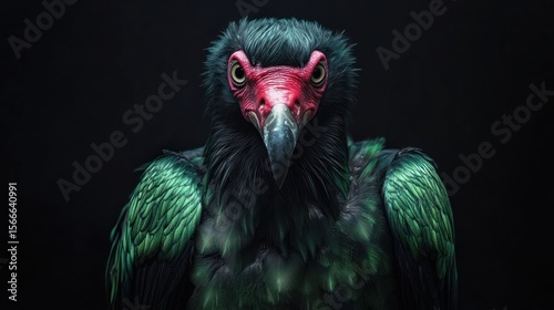 Striking portrait of a vulture with a bright red face, set against black