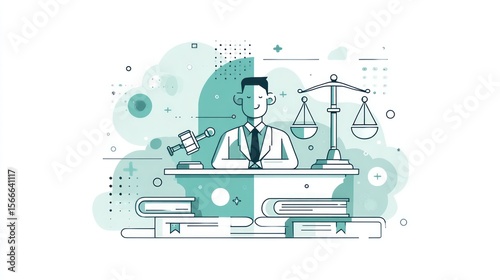 A judge or lawyer figure sits at a desk with a balance scale, symbolizing justice and law