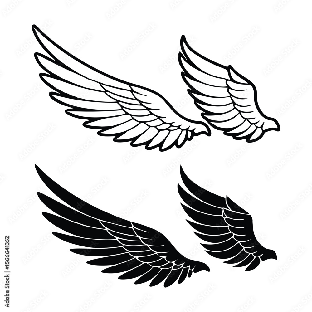 Obraz premium Vector Wings Set, Black and White Angel Wings Illustration On White Background