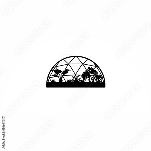 A dome-shaped greenhouse with thriving plants silhouette on white background