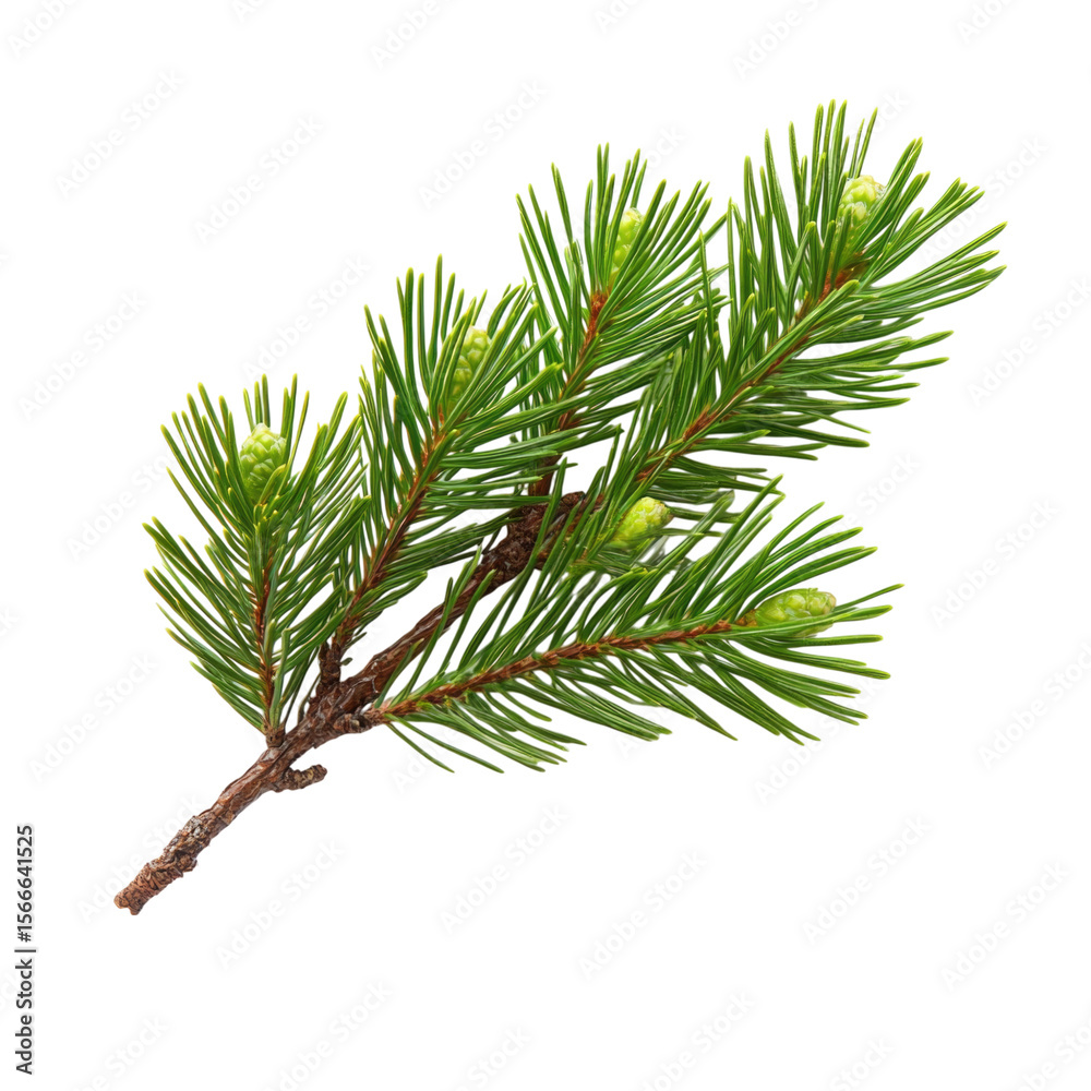 Green pine branch with fresh needles and cones on a natural wood stem transparent background, cutout PNG Green pine branch with fresh needles and cones on a natural wood stem transparent background, cutout PNG