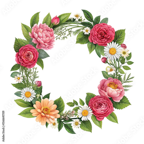 vibrant flowers floral wreath isolated on clean white background