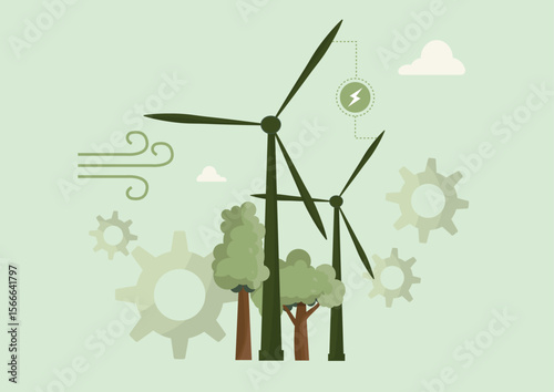 Wind turbines renewable energy. Clean power generation concept. Green technology. Renewable energy. Sustainable power technology. Flat design. Vector illustration