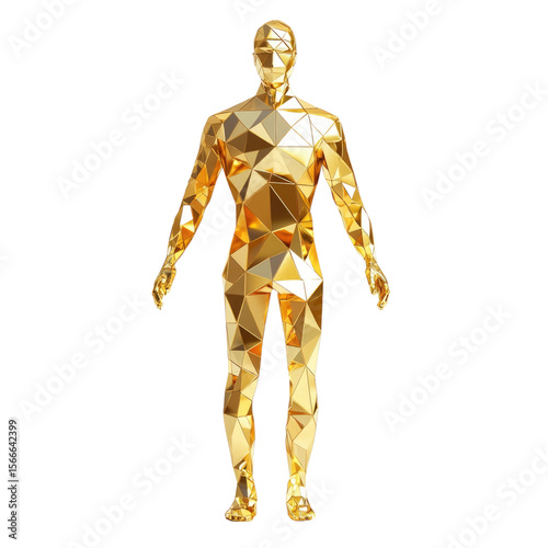 Golden geometric human figure standing upright in a stylized pose, transparent background, cutout PNG