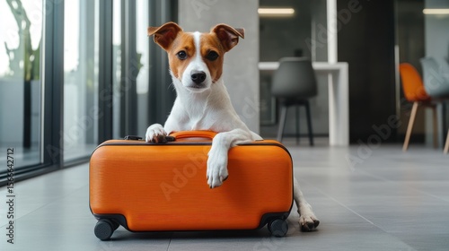 Small dog peers from orange suitcase against a light grey tile floor, indoor setting