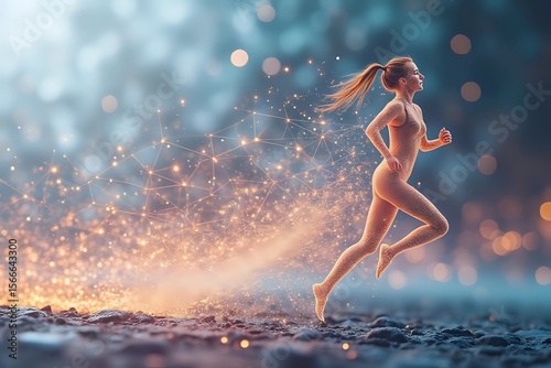 Running woman in glowing polygonal connection dots with futuristic silver geometric background with copy space