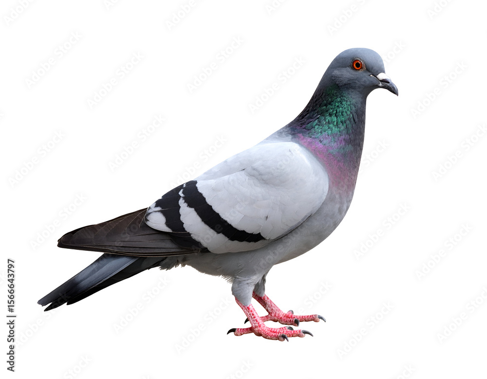 Fototapeta premium A beautiful rock dove stands gracefully, showcasing its iridescent neck feathers and keen orange eye.