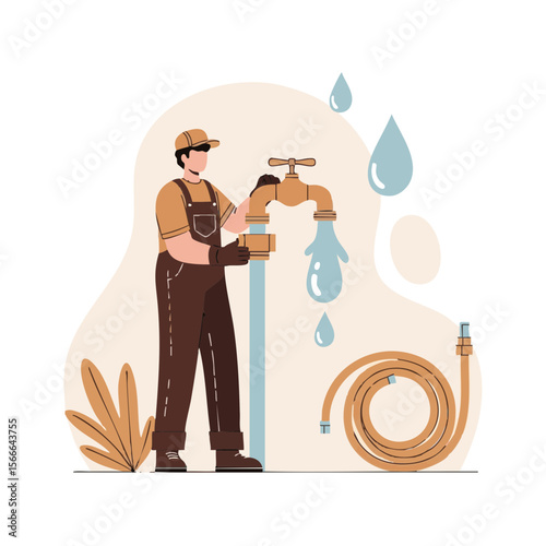 Plumber Installing Faucet with Hose and Stylized Water Drops, Flat Vector