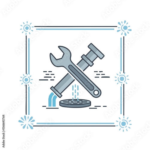 Crossed Wrench and Pipe over Drain with Water Flow Motifs, Flat Symbolic Vector