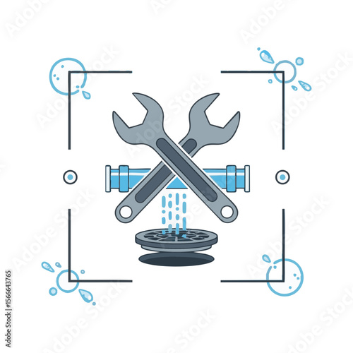 Crossed Wrench and Pipe over Drain with Water Flow Motifs, Flat Symbolic Vector