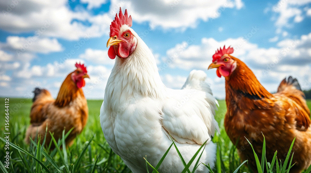 Fototapeta premium Group of chickens standing on green grass under a blue sky with clouds