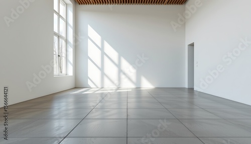 the image showcases a bright, empty room bathed in natural light. the room features white walls and a tiled floor made of large square segments