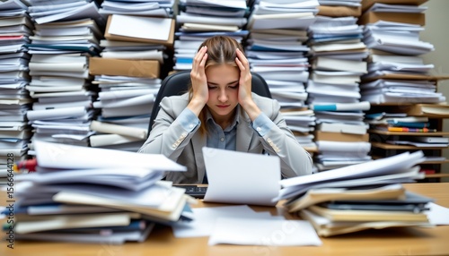 an individual sits at a desk that is covered in scattered sheets of paper and thick stacks of documents