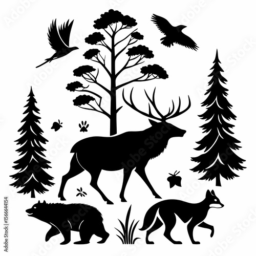 silhouettes of dogs  deer fox bear tree and flying bird