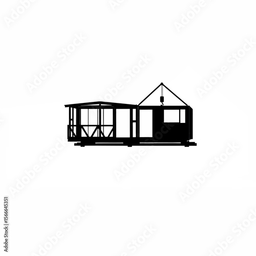 A modular home made of pre-fabricated parts silhouette on white background