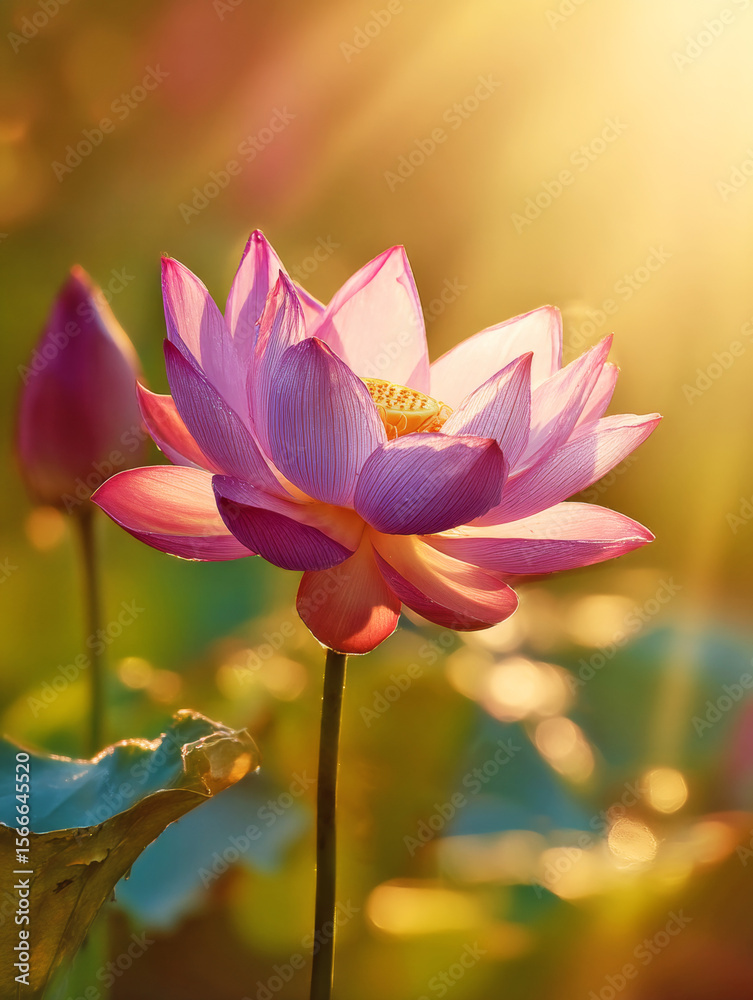 Fototapeta premium Beautiful Flower Illuminated by Golden Sunlight in Nature Background
