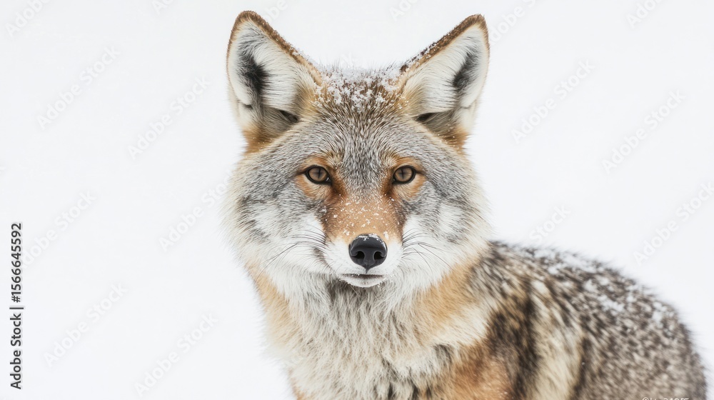 Obraz premium Winter coyote headshot reveals piercing gaze amid snowy landscape; soft fur