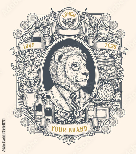 Elegant vintage crest featuring anthropomorphic lion in suit, ornate frame with banners, bottles, books, globe, compass, heraldic style