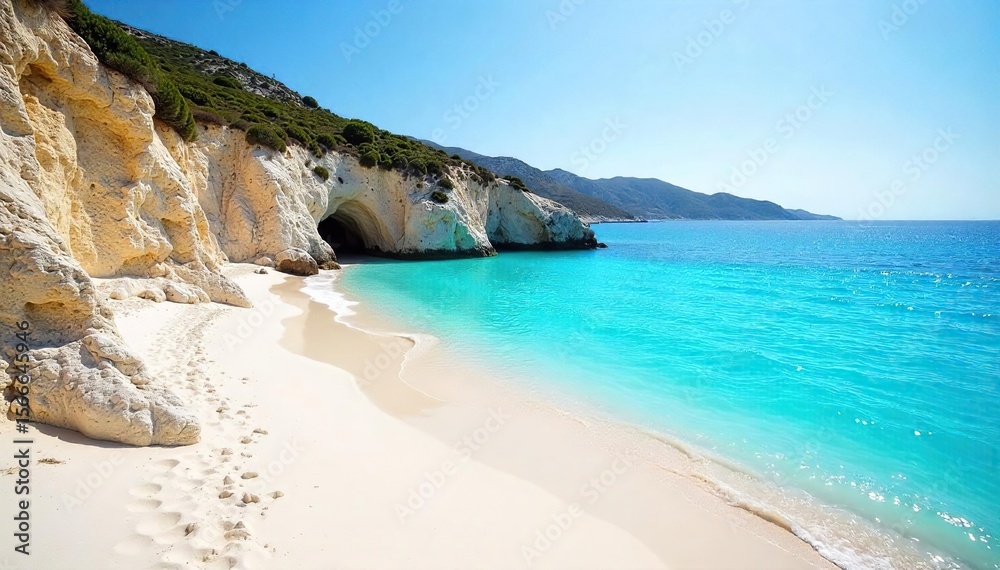 Sun-drenched white sand beach in Greece, crystal-clear turquoise water lapping gently on the shore Iconic Cycladic landscape, perfect summer holiday backdrop , stunning, nature Sun-drenched white sand beach in Greece, crystal-clear turquoise water lapping gently on the shore Iconic Cycladic landscape, perfect summer holiday backdrop , stunning, nature