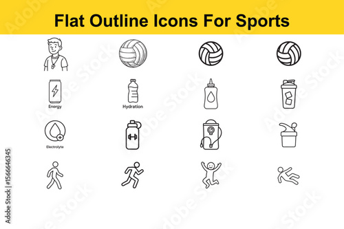 Collection of Flat Outline Icons Representing Sports Hydration Energy Training and Related Activities on a White Background