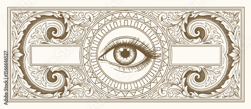 Intricate vintage engraving of an all-seeing eye surrounded by ornate floral baroque patterns, symmetrical layout, detailed linework, mystical symbolism