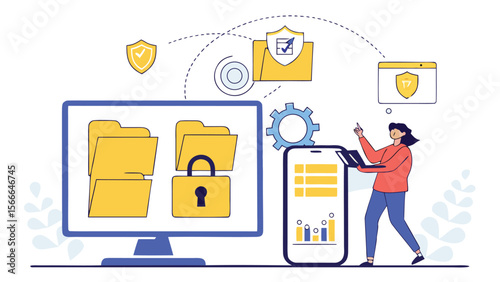 Cross-platform cloud security and encrypted file management on desktop and mobile devices – cybersecurity and data protection flat vector illustration