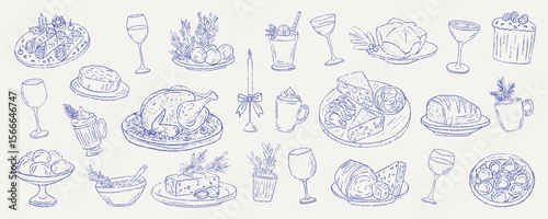 Set of traditional winter Italian food for festive Capodanno and Natale dinner. Featuring cannoli, struffoli, pandoro star bread, cured meat, grill chicken, panettone. Outline vector illustration.
