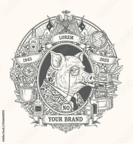 Elegant vintage crest featuring anthropomorphic pig head in suit, ornate frame with banners, bottles, books, globe, compass, heraldic style