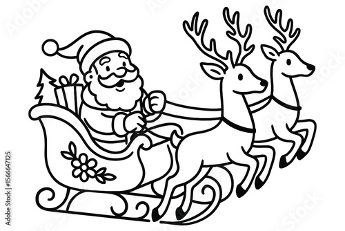 Santa Claus riding reindeer sleigh with gifts Christmas