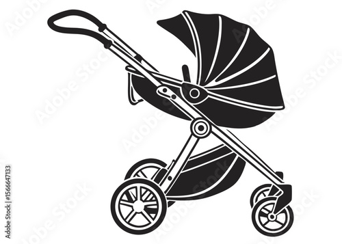 Vector silhouette of a baby stroller side view on white background
