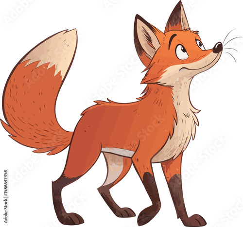 A red fox stands alert, isolated on white background