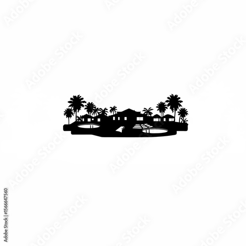 A nature-integrated resort in a tropical location silhouette on white background