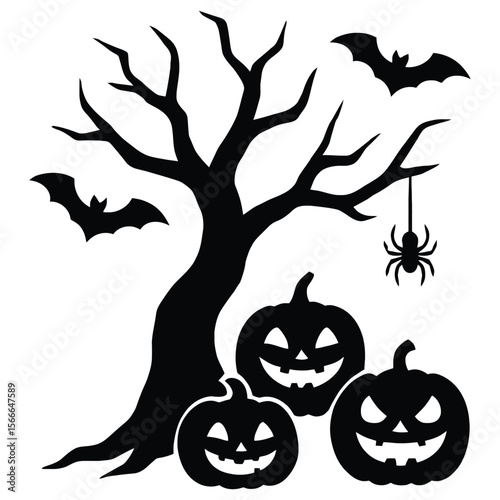 Spooky Halloween Tree Bats Pumpkins Spider vector