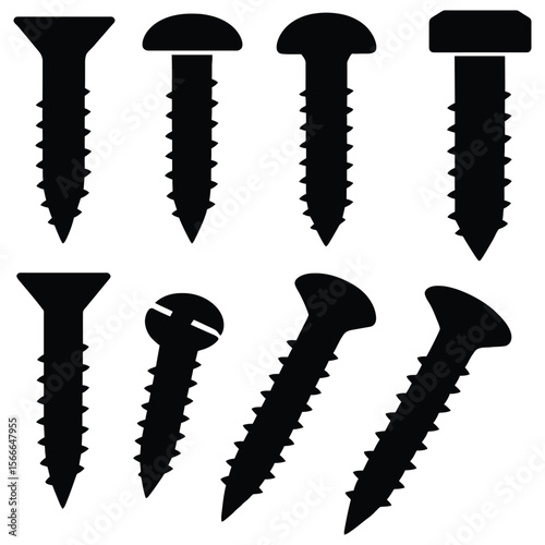 Various black screw silhouettes fasteners metal hardware