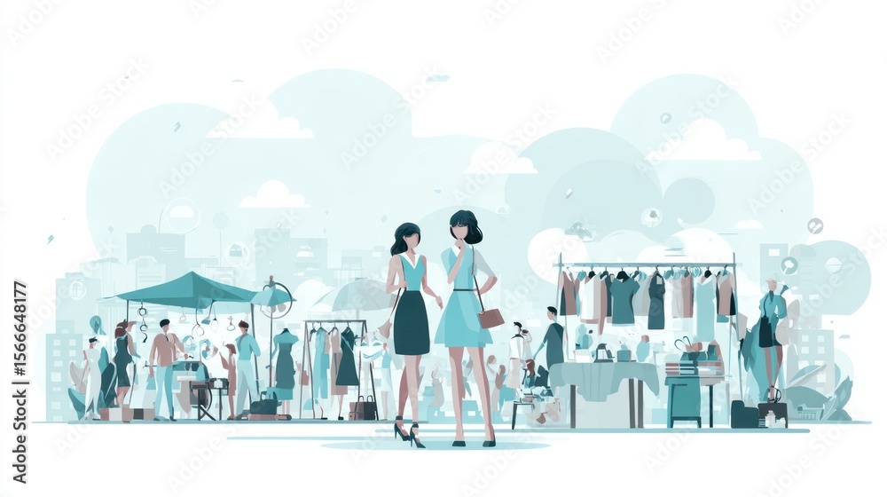 Naklejka premium Two women converse amidst a bustling outdoor market