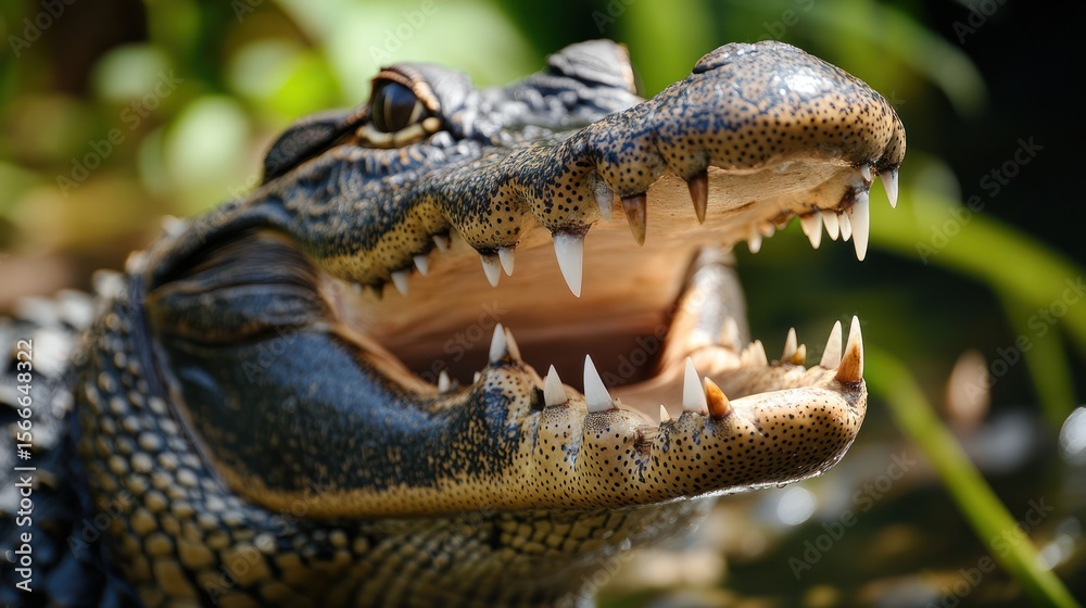 Fototapeta premium Crocodilian predator portrait, exposed teeth, textured skin, set against green foliage